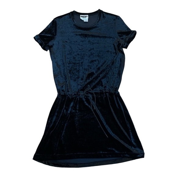 Vintage 90's DKNY Jeans Black Velvet Drawstring Waist Mini Dress - Size M - Picture 1 of 6